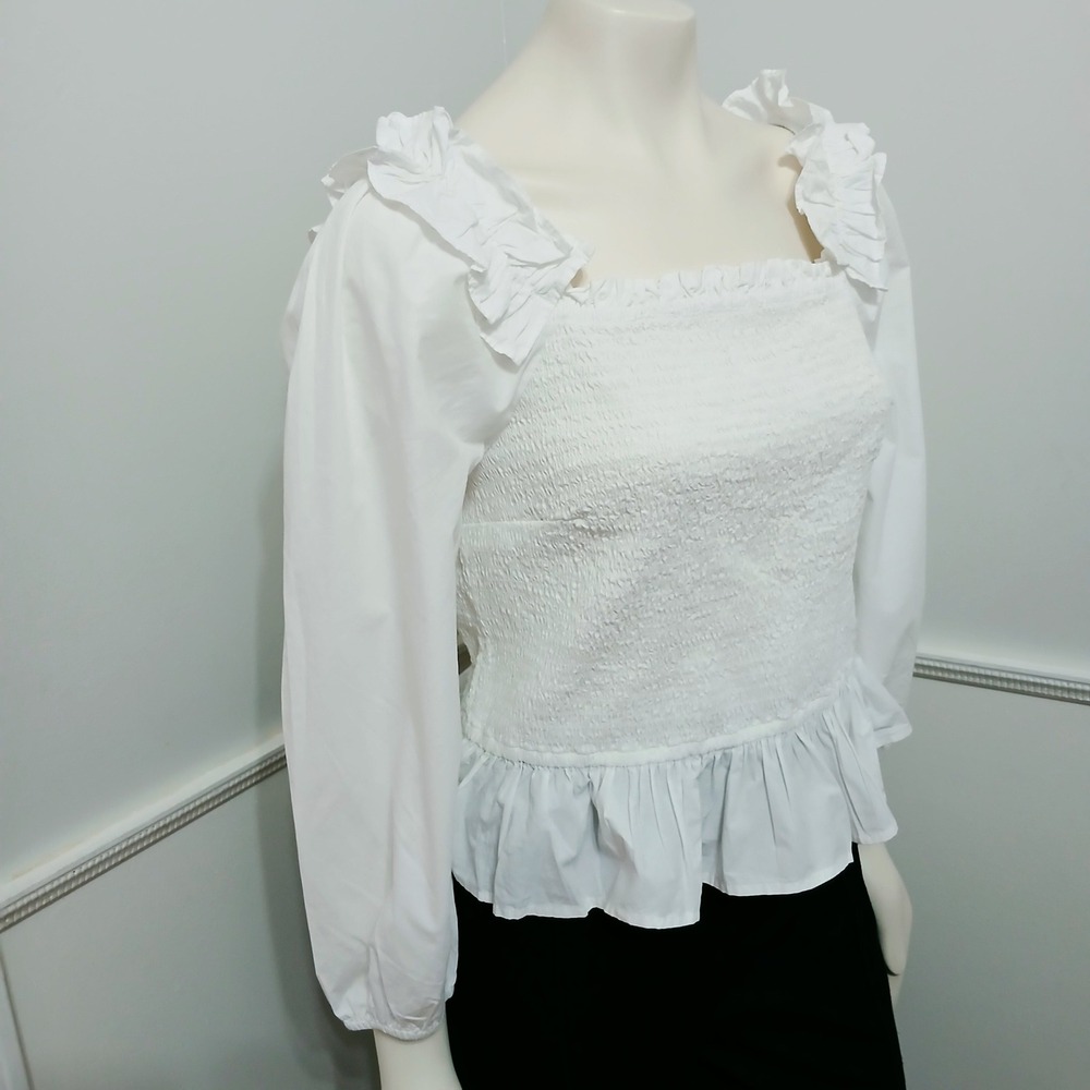 The Drop White Smocked Ruffle Puff Sleeve Peplum Top Square Neck Blouse XL - Picture 3 of 6